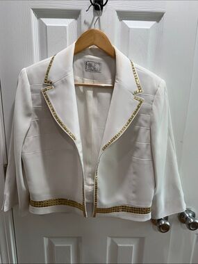 Alberto Makali White Cropped Blazer with Gold Mosaic Trim